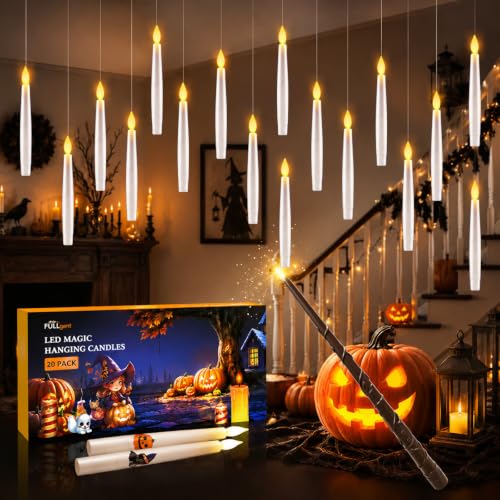 Halloween Floating Candles with Wand Set - 20 Flickering LED Hanging Candles