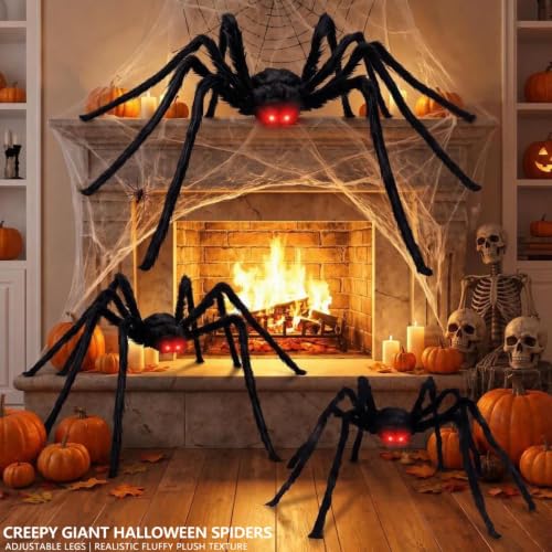 Giant Black Spider Family Set - 8Ft, 5Ft & 3Ft Halloween Decorations with Glowing Eyes