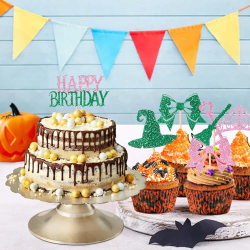Witch Birthday Cupcake Toppers Set - Pink and Green Witch Themed Decorations, 48 Pieces