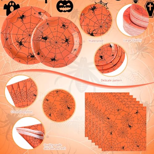 Halloween Spider Web Party Supplies Set with Orange & Black Theme - 452 pcs for 50 Guests