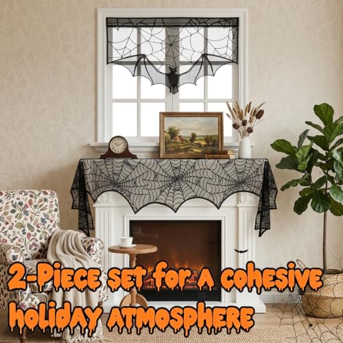 Halloween Black Lace Decorations Set with Bat Window Valance and Spiderweb Mantle Scarf