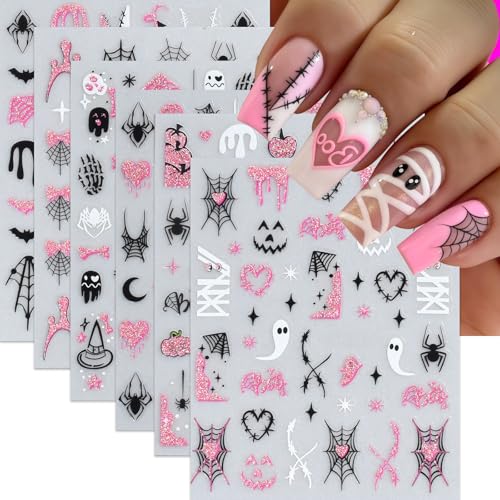 Halloween Nail Art Stickers - Pink Glitter Pumpkin Ghost Spider Web Bat Design - Bat Variation