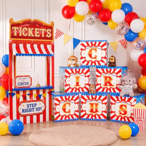 Large Circus Party Decoration Boxes - Carnival Snack Table Props, 12x12 Inches, Set of 6