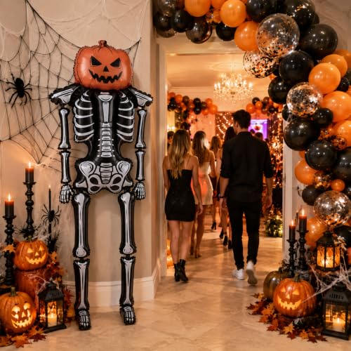 Giant Halloween Skeleton Balloon with Pumpkin Head - 7.5Ft Foil Decoration