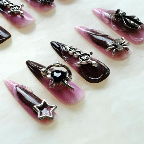 Pink Black Bunny Gothic Press-On Nails - Ombre Stiletto with 3D Halloween Charms - Small, LS