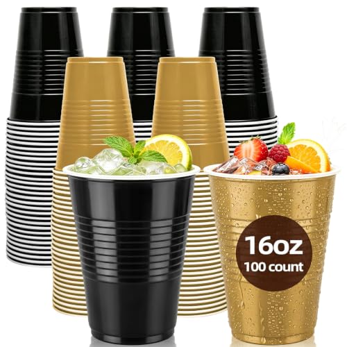 Black and Gold Plastic Cups 16 oz Pack of 100 - Party Disposable Drinkware with Textured Grip