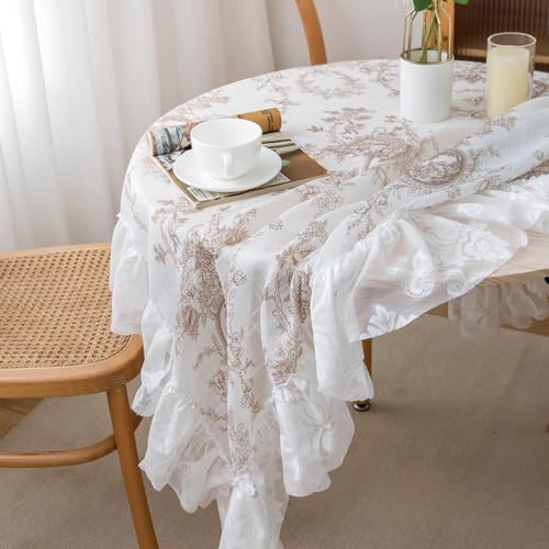 Champagne Lace Tablecloth 47x47 Inches with Ruffles - Modern Retro Boho Style