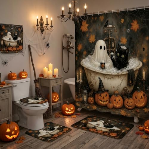 Funny Halloween Bathroom Shower Curtain and Rug Set - Ghost & Cat Scene, 4PCS - InIsaJace