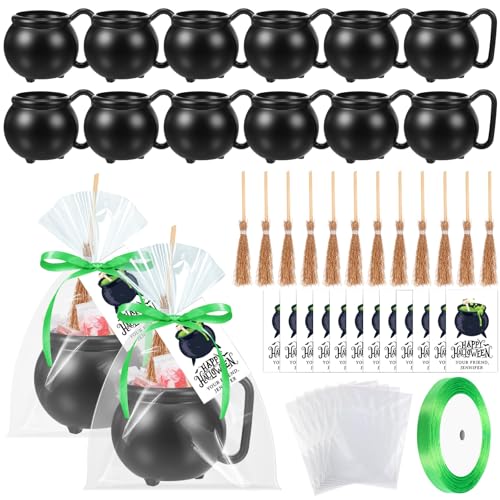 Halloween Mini Cauldrons & Witch Brooms Party Favors Set - 12 Pieces