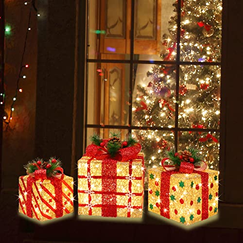 Large 9.5x8x6.5 Inch Lighted Christmas Gift Boxes Set of 3 with 70 LED Flashers