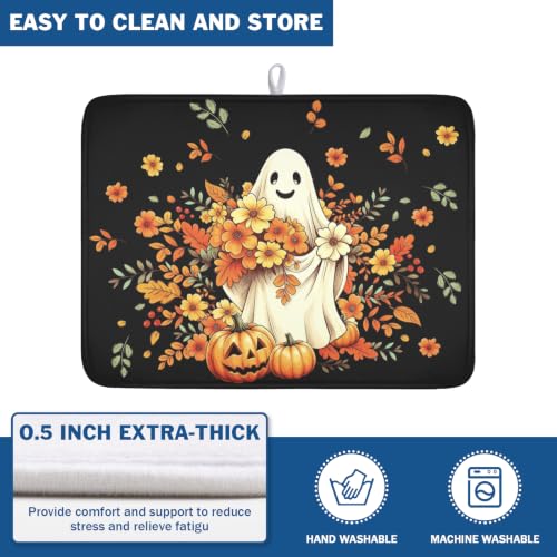 Black Halloween Ghost Dish Drying Mat 18x24 Inches - Waterproof Kitchen Decor