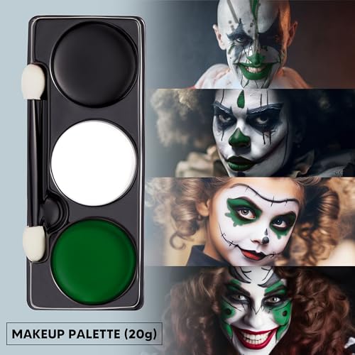 Halloween Makeup Palette with 3 Colors - Face & Body Paint, White Black Green, Includes Brush