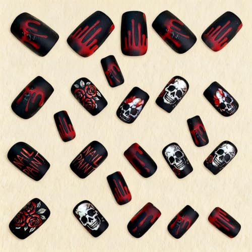Halloween Press on Nails - Spooky Skull & Red Rose Short Square Fake Nails H19