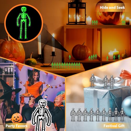 Glow in The Dark Mini Skeleton Decorations - 50 White Tiny Figurines for Halloween Haunted House & Party Favors