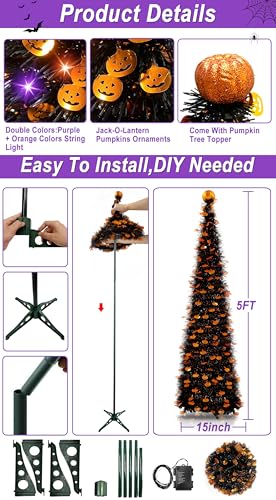 Black Tinsel Halloween Tree with Lights, Pumpkins & Timer - Indoor Decor