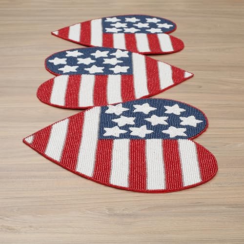 Beaded Table Runner 13x36 Inch Heart Flag Design Patriotic Decor - White Red Blue Variation