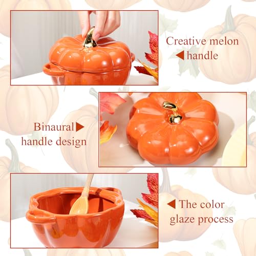 Pumpkin Ceramic Soup Bowls Set - 15 oz Orange Halloween Kitchen Tableware