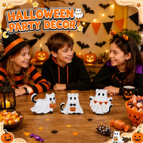 Halloween Cat Ghost Decor Set - Wooden Figurines for Tiered Tray & Tabletop - Pumpkin Variation