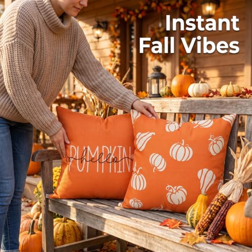 Fall Throw Pillow Covers 20x20 Set of 2 Pumpkin & Hello Pumpkin Designs - Farmhouse Decor
