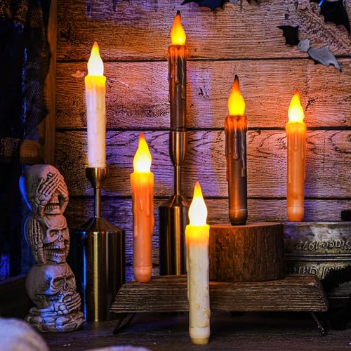 Halloween Flameless Taper Candles Set - Real Wax Hand Dipped, 6.5 Inch, 6 Pack