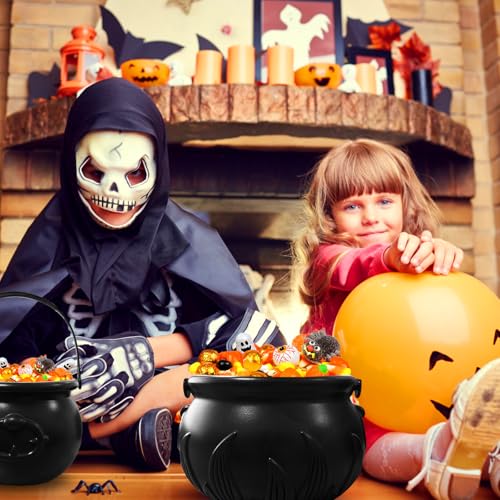 Halloween Plastic Cauldron Set - 3 Large Black Witch Kettles for Candy & Decorations