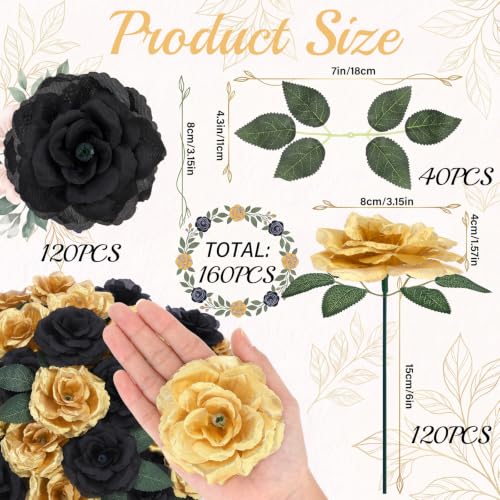 Artificial Black and Gold Roses Set - 120 Silk Flowers with Stems & Leaves