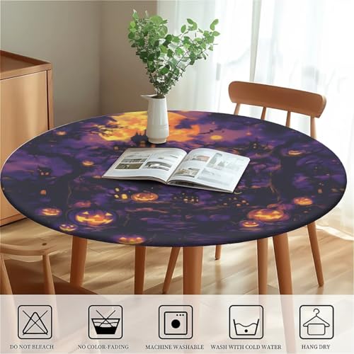 Halloween Spooky Round Fitted Waterproof Tablecloth 48 Inch for Indoor Outdoor