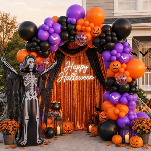 Halloween Balloon Arch Kit with Skeleton Foil Balloon - Orange, Black, Purple - 119 Pcs