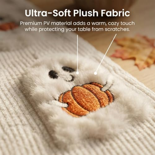Halloween Faux Fur Table Runner 13x72 Inches with Embroidered Ghost & Pumpkin