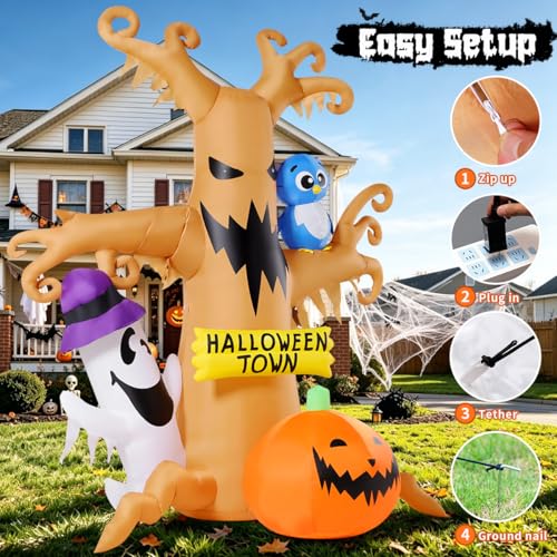 8 FT Halloween Inflatable Dead Tree Decoration with Owl Ghosts Pumpkins & LED Lights - Movable