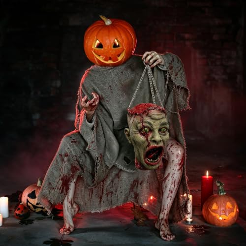 Halloween Bloody Zombie Head Prop - Latex Hanging Severed Head with Chains - 11.8"