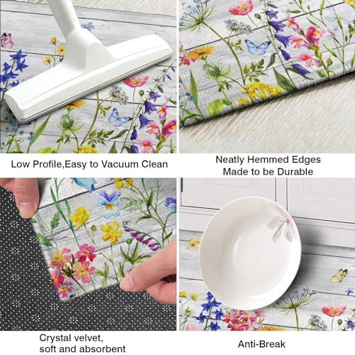 Spring Kitchen Rug Set of 2 Non-Slip Washable Floral & Wood Grain Mats - Spring