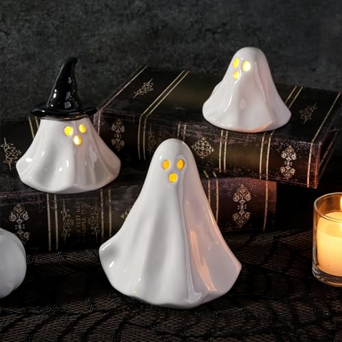 Ceramic Light-Up Halloween Ghost Decor Figurines - Indoor Party Decorations, 3 Pack