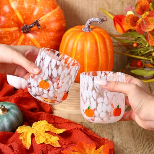 Thanksgiving Pumpkin Glass Cup Set - 14 oz Stemless Drinkware, 4 Pcs