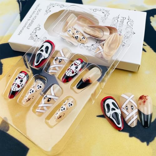 Halloween Press On Nails with Ghost Skull Design - Medium Almond Fake Nails - Variation of THIS listing