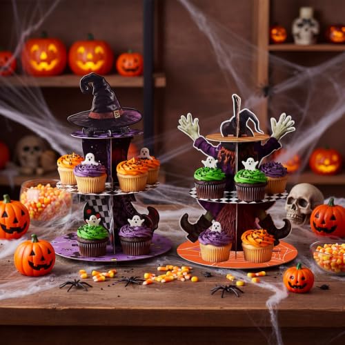Halloween Cupcake Stand Set - Witch Themed 3-Tier Display for Parties - Mixed Variation