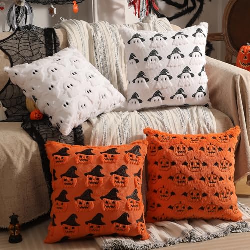 20x20 Inch Halloween Pillow Covers Set of 2 - Faux Fur Double-Sided Pumpkin Bat & Pumpkin with Hat, Plush Fall Home Decor - Orange Variation