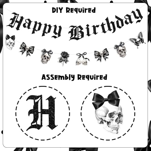 Gothic Birthday Decorations Set with Banner Balloons Cake Toppers Skull Skeleton