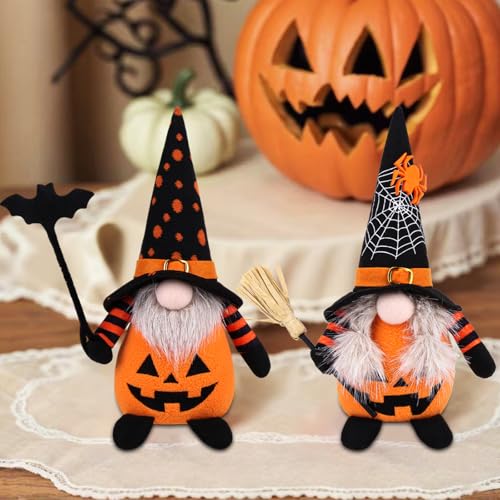 Halloween Gnome Decorations - 2 Plush Scandinavian Elf Ornaments, Handcrafted Pumpkin Bat Design, Variation of THIS listing