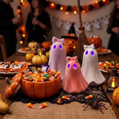 Pink Flocked Halloween Ghost Figurines Set with LED Timer - Cute Decor