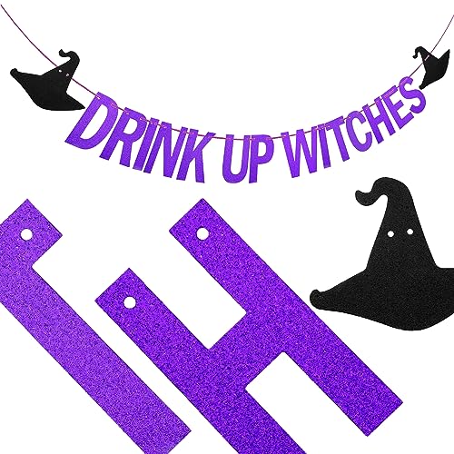 Purple Drink Up Witches Banner Halloween Party Decor Glitter Sign
