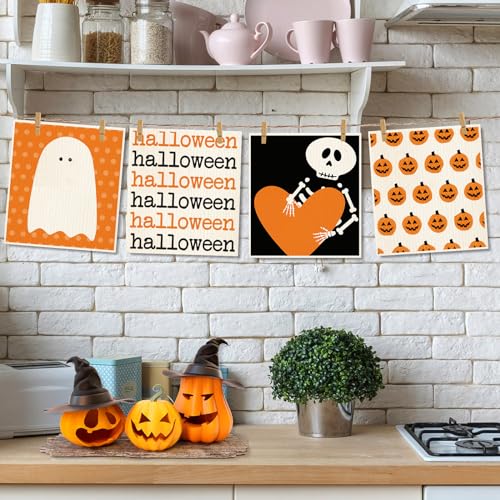 Halloween Ghost Pumpkin Swedish Dishcloths - Reusable Cotton Kitchen Towels - 4 Pack, 7x8 Inch