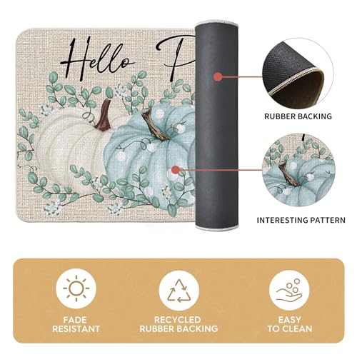 Hello Pumpkin Fall Kitchen Mats Set of 2 - 17x29 & 17x47 Inches, Blue