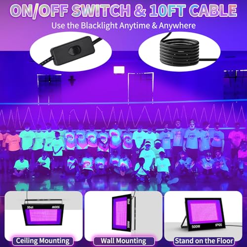 500W Black Light IP66 Flood Light with 10ft Cable - Halloween & Large Space
