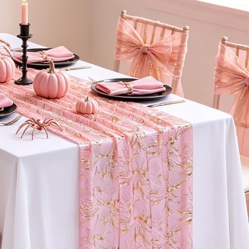 Pink Halloween Gauze Table Runner 120 Inch 3 Pieces - Gold Foil Design, Cracks Pink Gold / 28x120
