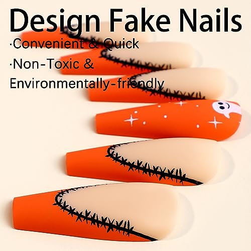 Halloween Press On Nails Long Coffin Orange French 24Pcs - Ghost & Pumpkin Design