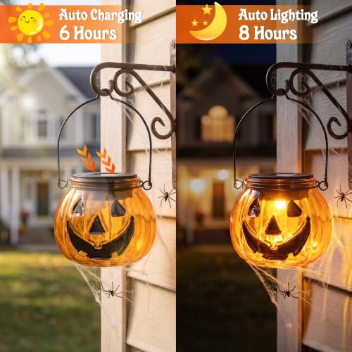 Halloween Pumpkin Solar Lantern 2 Pack - Glass Hanging Outdoor Light