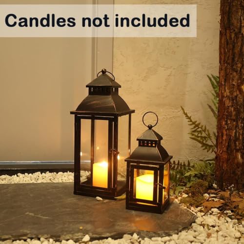 Large Bronze Metal Lanterns Set of 2 with Glass for Indoor Outdoor Decor - 17" & 11" Variation