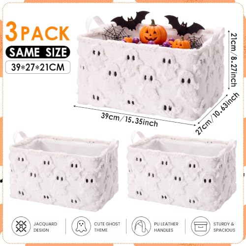 Halloween Ghost Storage Baskets Set of 3 - Small Faux Fur Plush Laundry Bins with Handles
