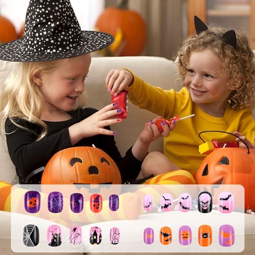Halloween Kids False Nails Short Press-On Set - Bat Pumpkin Skull Web Theme